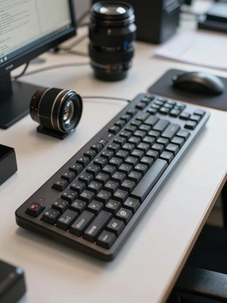 Plano fechado focado em ferramentas de trabalho corporativo, teclado de alta qualidade sob iluminação natural de escritório, ambiente sóbrio.