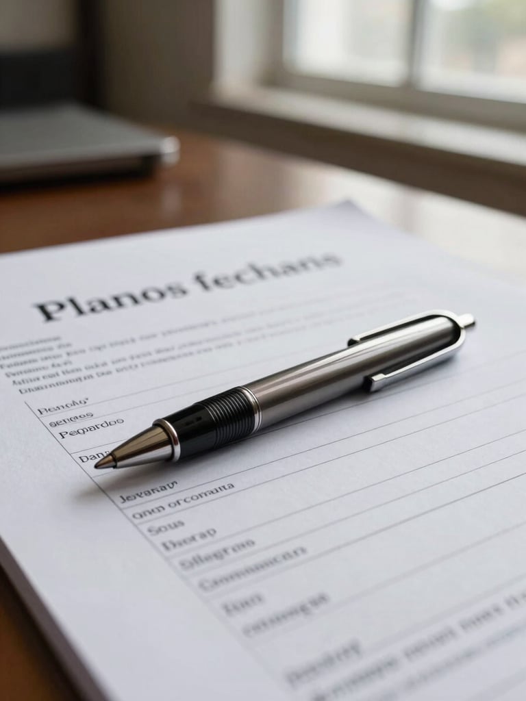 Planos fechados de papelaria corporativa de alta qualidade, uma caneta de metal escuro sobre um relatório financeiro impresso, iluminação natural suave vinda de uma janela de escritório, atmosfera sóbria e segura.
