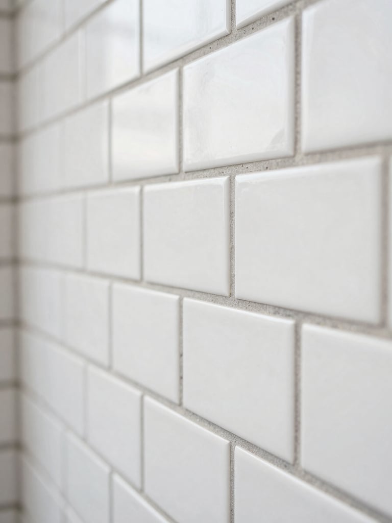 Macro close-up shot of perfectly aligned white subway tiles with clean grey joints, natural daylight from the side, highlighting precise craftsmanship and technical execution.