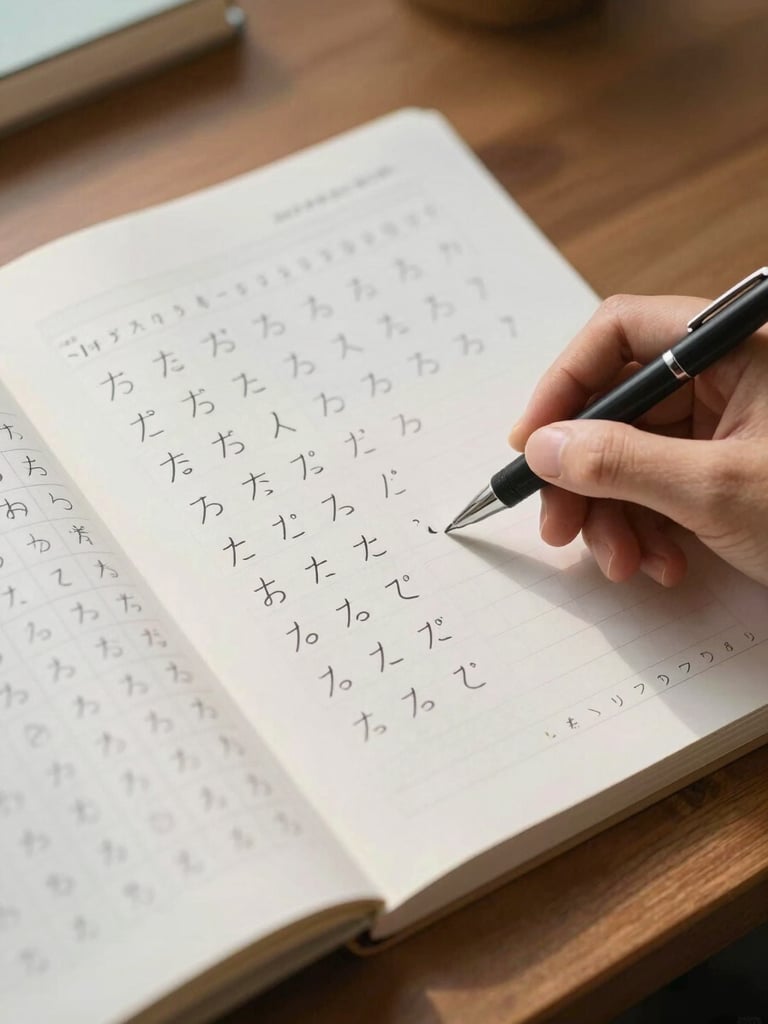 Close-up overhead view of a Japanese language workbook open on a wooden desk, a hand resting beside handwritten hiragana practice characters, soft north-facing daylight from the left, a fine-tipped pen placed diagonally across the page