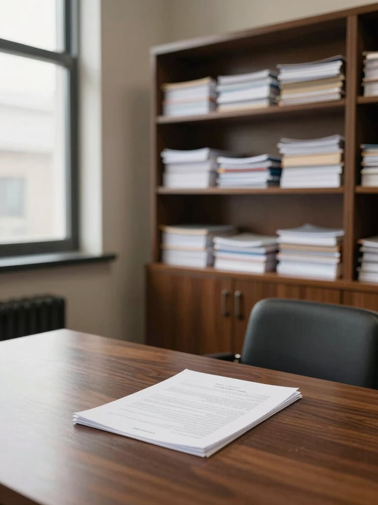 Wide environmental shot of a tidy legal consultation room, stacked files on a side shelf, a single open document on the table surface, diffused natural light from a large window on the left wall, no people, calm and ordered