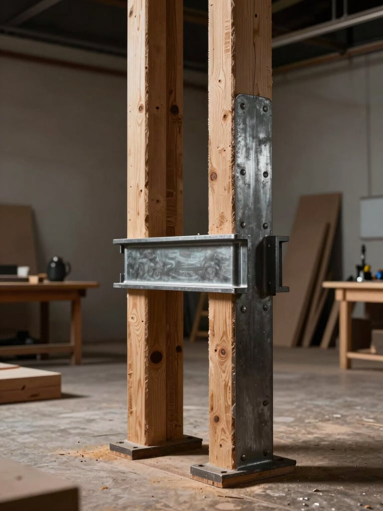Portrait framing of a massive steel and wood structural joint on an empty soundstage, high-contrast workshop lighting, raw industrial textures and precise carpentry details.