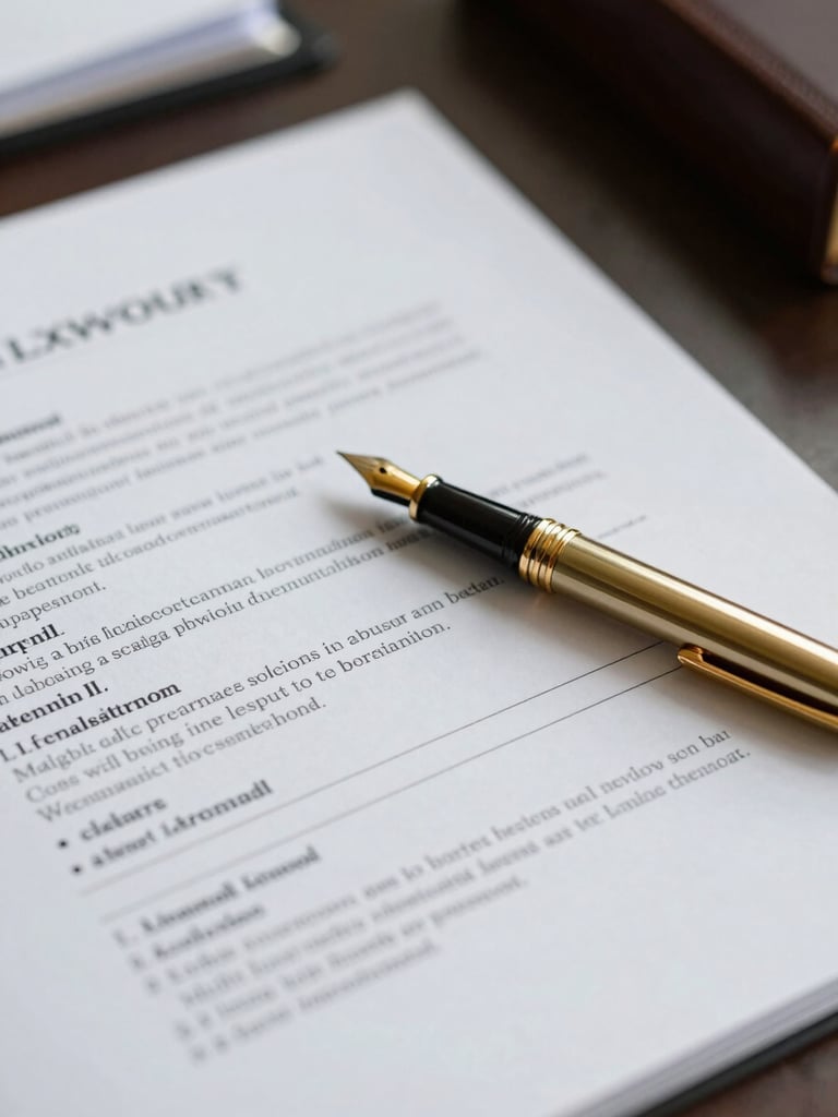 Soft overcast daylight illuminating a close-up of structured legal documents on a dark desk, a minimalist gold fountain pen resting on the paper, shallow depth of field, Luxembourg court aesthetic.