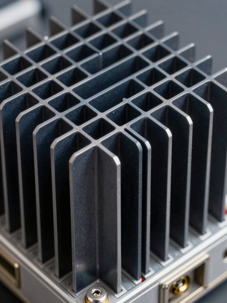 Macro close-up of industrial telecom hardware heatsink fins on a Remote Radio Unit, sharp technical lighting, deep slate and metallic tones.