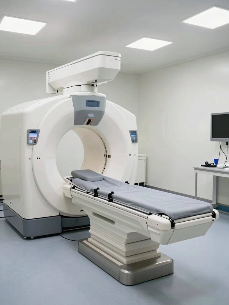 Wide environmental shot of a modern linear accelerator treatment room, the machine positioned over an empty treatment couch, bright clinical overhead lighting, no patients or staff present, emphasising the precision geometry of the equipment and the room's clean institutional scale
