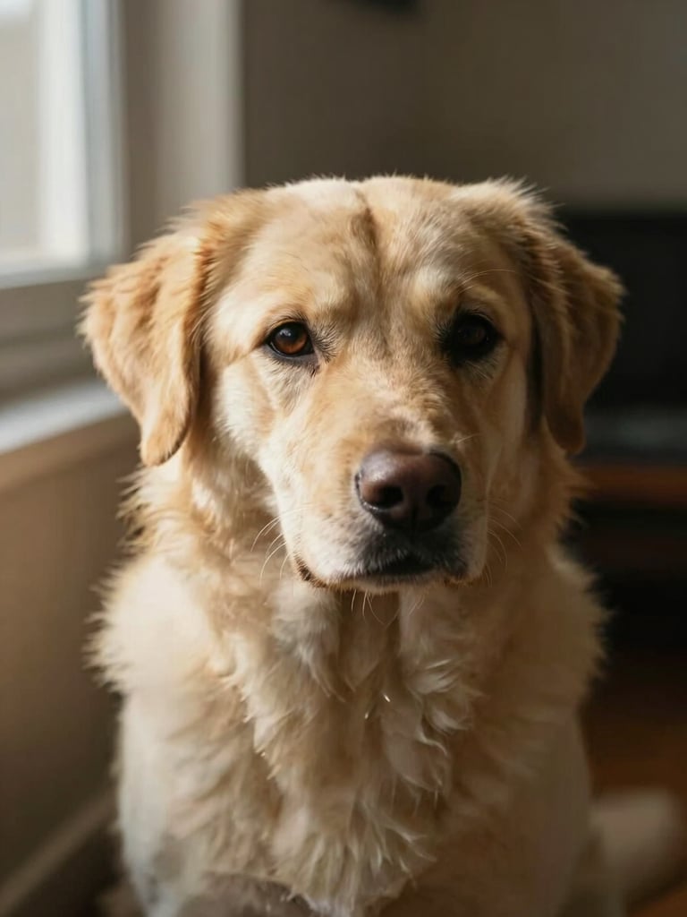 Close portrait of a calm dog holding attentive eye contact with its owner just off-frame, soft north-facing window light falling across the dog's face, shallow depth of field, warm golden-hour tone on fur, quiet domestic background out of focus