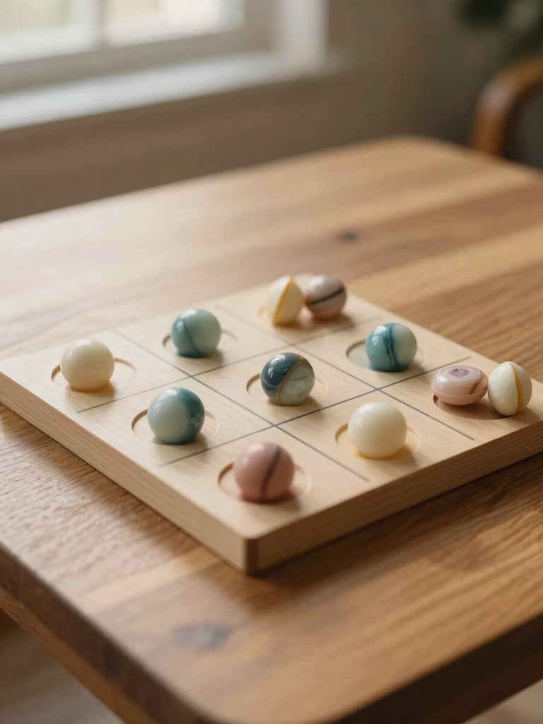 A smooth marble tic-tac-toe board sitting on a warm oak coffee table, gentle afternoon shadows, shallow depth of field.