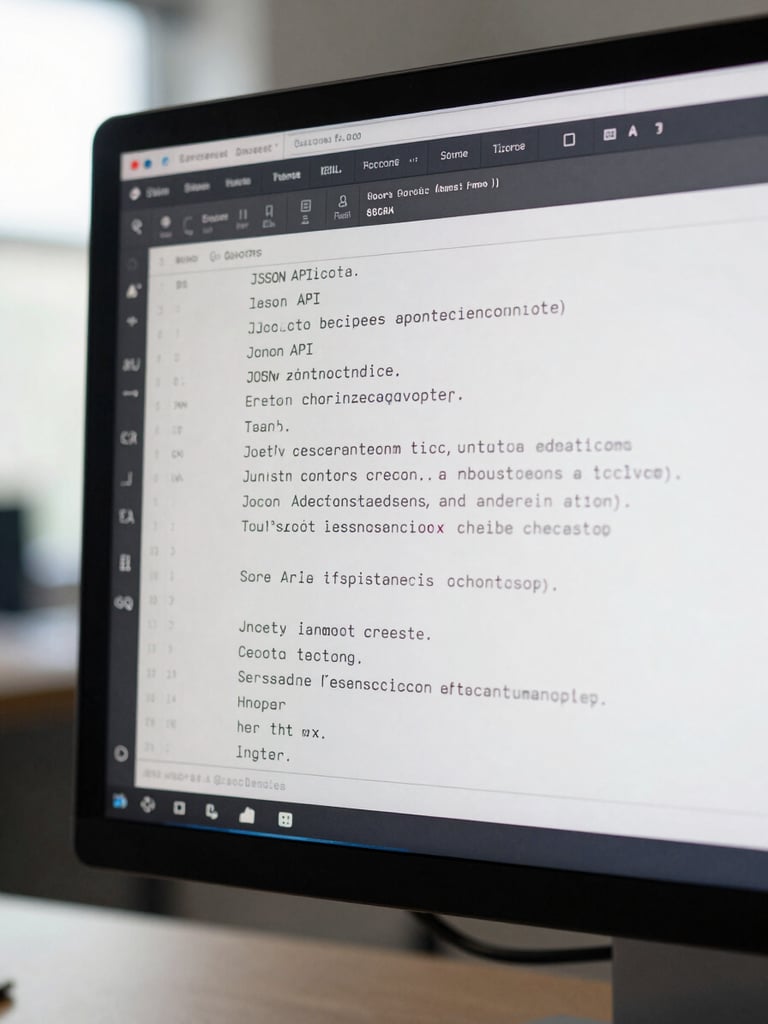 Close-up of a desktop monitor displaying a clean JSON API response payload in a dark terminal window, crisp monospace font, natural office daylight from the left, no people, minimal desk surface visible at bottom edge