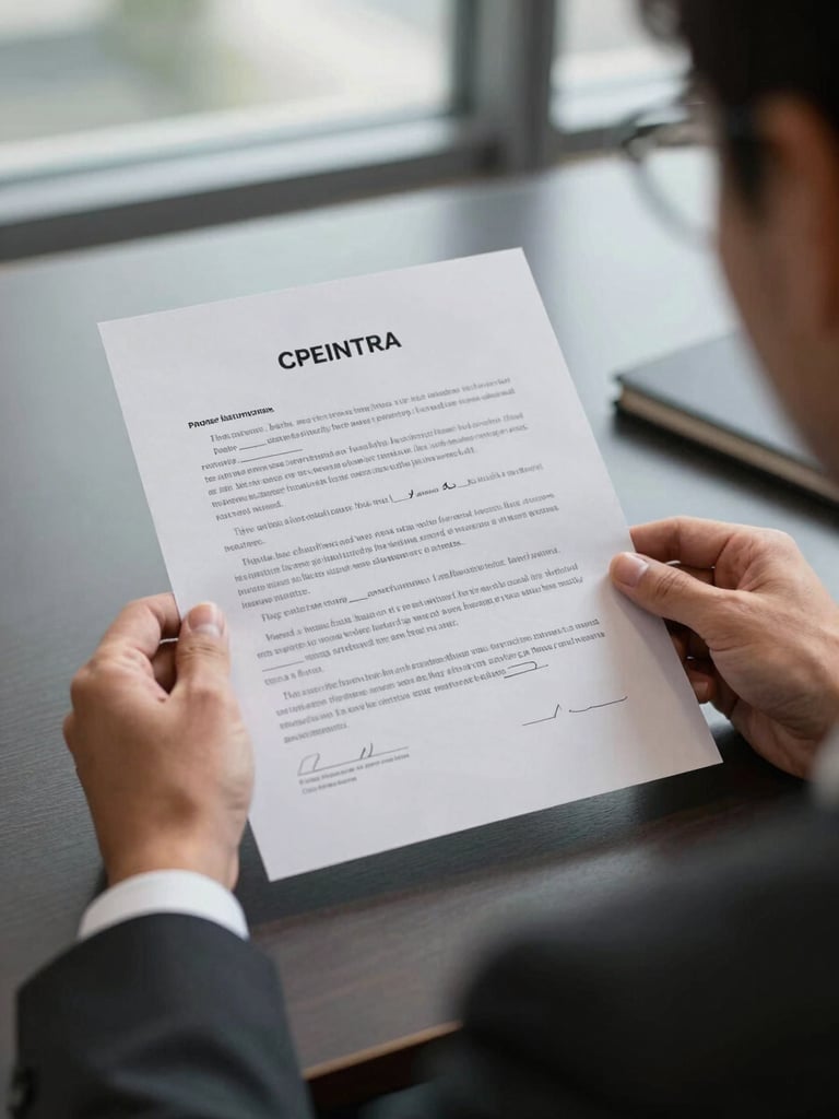 Close over-the-shoulder view of an attorney's hands holding a printed contract under available office window light, annotations visible in the margins, dark desk surface beneath, no face shown