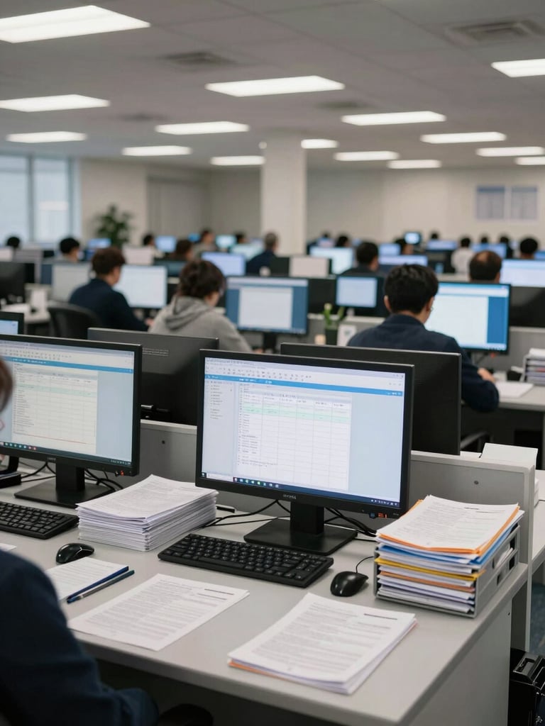 Panoramic wide shot inside a large-scale hiring operations floor, rows of workstations with screens showing structured candidate data, overhead fluorescent lighting, no faces visible, supply-chain operational environment with document trays and verification folders in the foreground