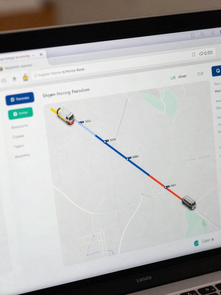 A crisp high-resolution screenshot of a logistics tracking interface displaying real-time shipping routes and fleet metrics.