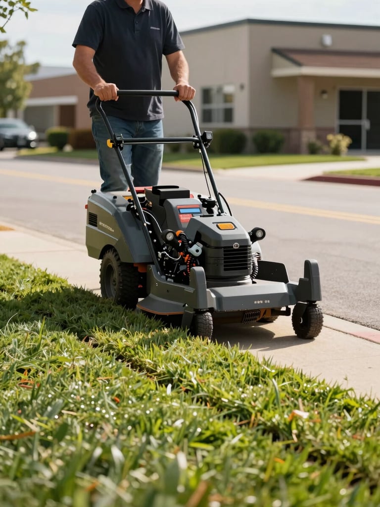 Wide shot of a landscaping crew member operating a commercial mower along a clean property edge, waist-up framing, mid-morning daylight, defined turf lines visible in the foreground, commercial building facade softly out of focus in the background