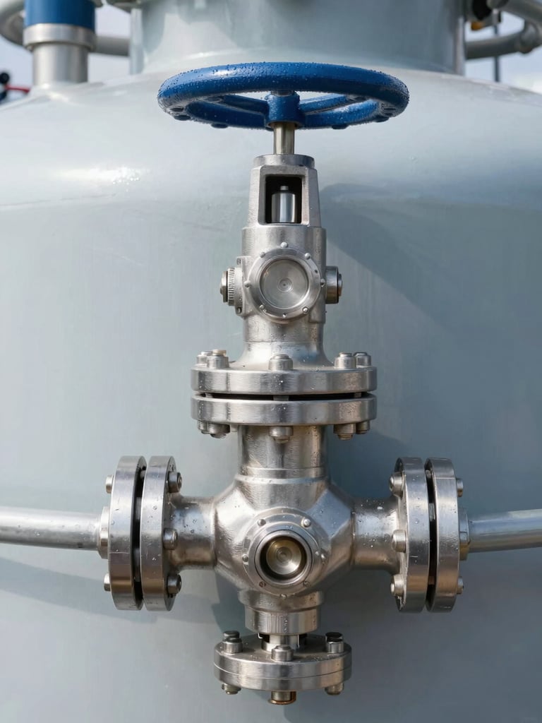 Close-up of a high-pressure stainless steel multi-port valve installed on a water treatment vessel, bright industrial daylight, sharp focus, metallic reflections