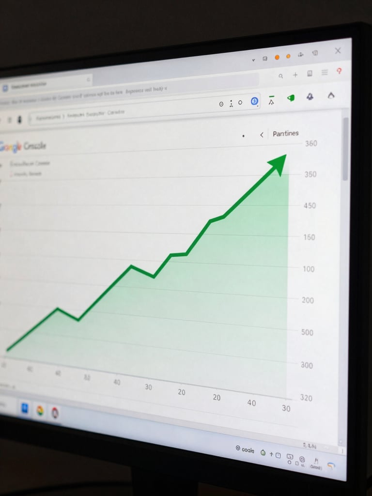 Close-up of a monitor displaying a Google Search Console ranking progression chart, green upward trend line rising from position 40 to position 3, dark background, high contrast, studio lighting, no text overlays visible
