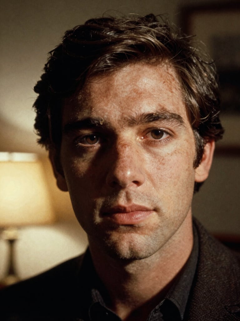 Close-up portrait of a young man in a dim domestic interior, 1970s — warm tungsten light from a single lamp catching one side of his face, the other side falling into shadow, visible film grain, slightly overexposed highlights on his forehead, era-correct color cast of early Kodachrome stock
