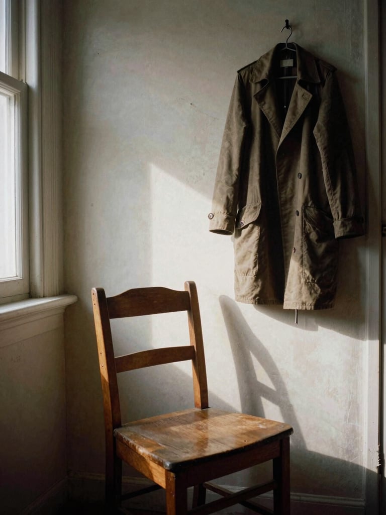 Close vertical frame, late-afternoon window light falling across an empty wooden chair beside a wall with faded paint, a single coat hanging on a hook — domestic interior, mid-1970s grain, no subject present