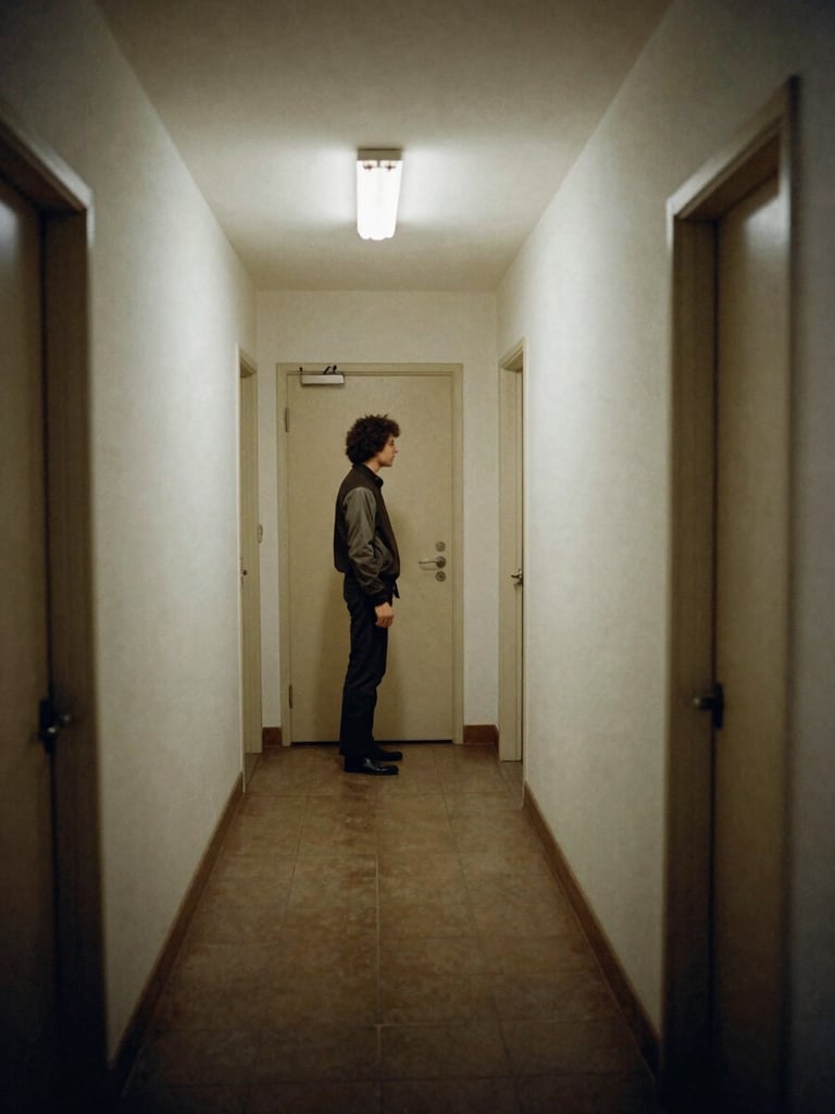 Wide shot from the left edge looking right—a domestic hallway in soft fluorescent light, a figure standing near a far door in 1980s clothing, grain visible in the shadow areas, slightly underexposed, the quality of mid-decade color film