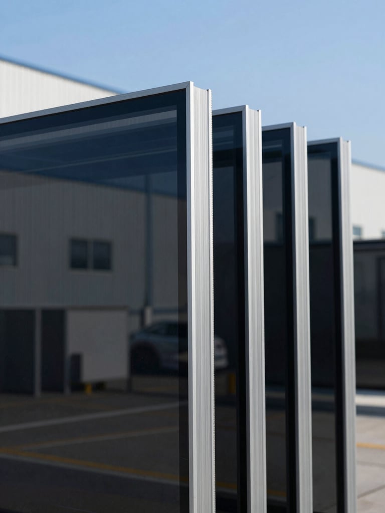 Close-up of laminated glass edges showing perfect alignment in cool crisp daylight, industrial facility background, high contrast