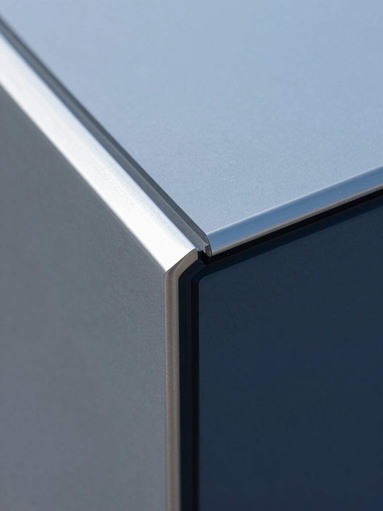 Macro photograph of a structural glass panel edge, showing flawless lamination and polished borders, cool daylight highlighting the silver and navy tones.