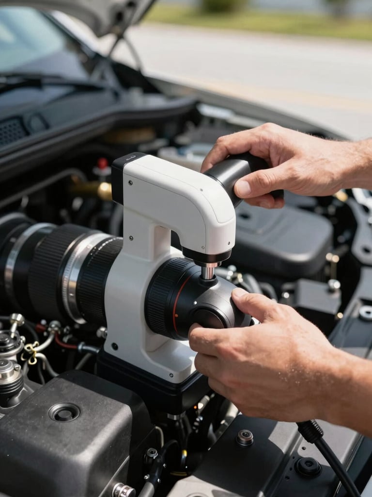 Close-up of hands using a professional diagnostic scanner inside a car engine bay, bright Florida daylight, high contrast.