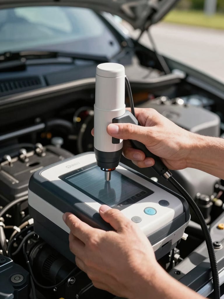 Close-up action shot of hands using a diagnostic scanner inside a car engine bay, bright Florida morning light, high contrast.