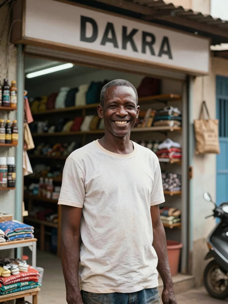 A local Dakar shopkeeper smiling warmly in front of his well-lit boutique, natural daylight, authentic and unpolished neighborhood atmosphere.