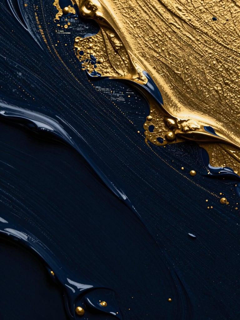Macro close-up of heavy oil paint layers on canvas, deep navy and liquid gold textures, dramatic studio lighting.
