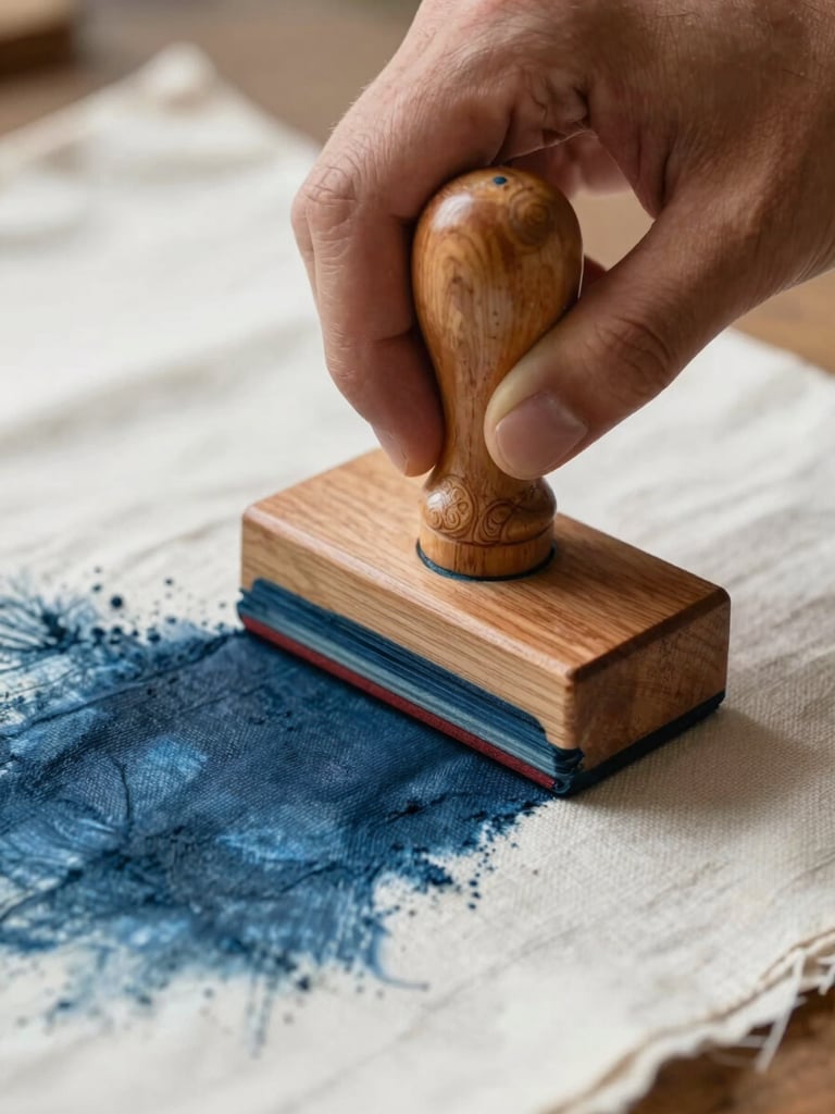 Extreme close-up of a hand-carved wooden textile stamp pressing indigo dye onto unbleached cotton fabric, natural side-lighting, raw textures.