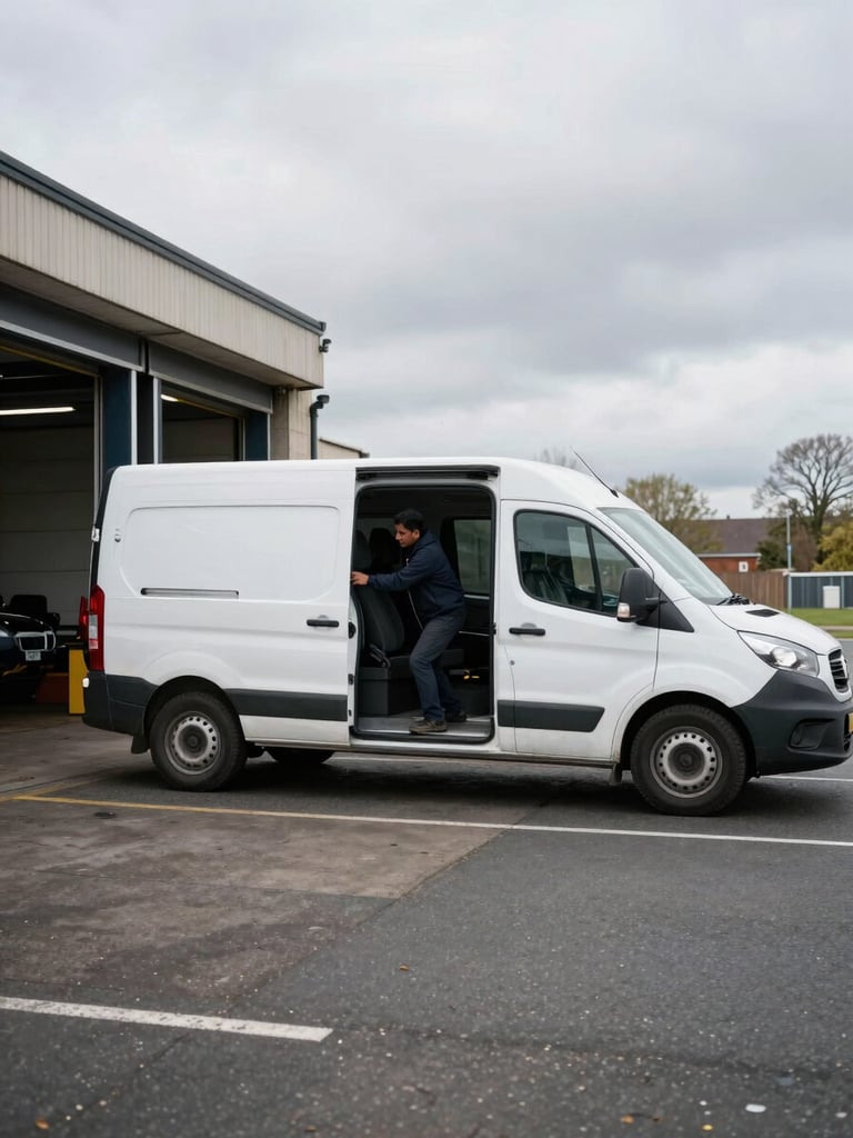 Wide environmental shot from road level, a transport van parked at a York loading bay in natural overcast daylight, the driver — a South Asian man in a dark jacket — checking cargo at the open rear doors, no staging, operational and real