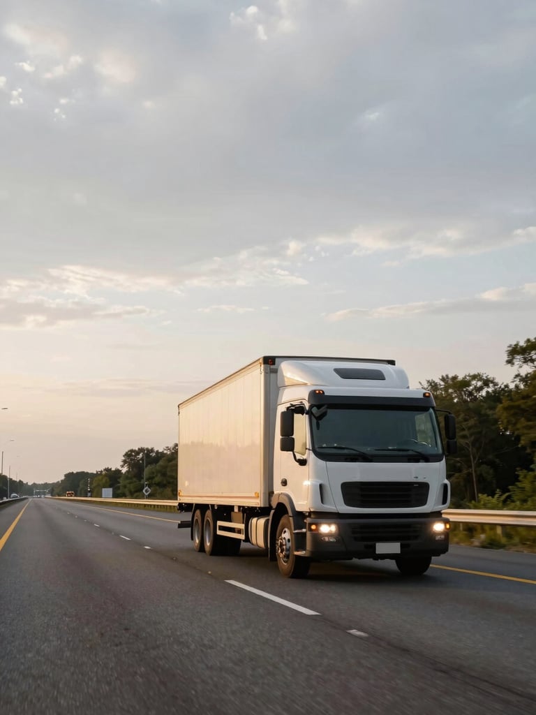 Wide cab-level view from a transport truck moving along a GTA highway corridor at golden hour, road stretching ahead, overcast sky, no staging