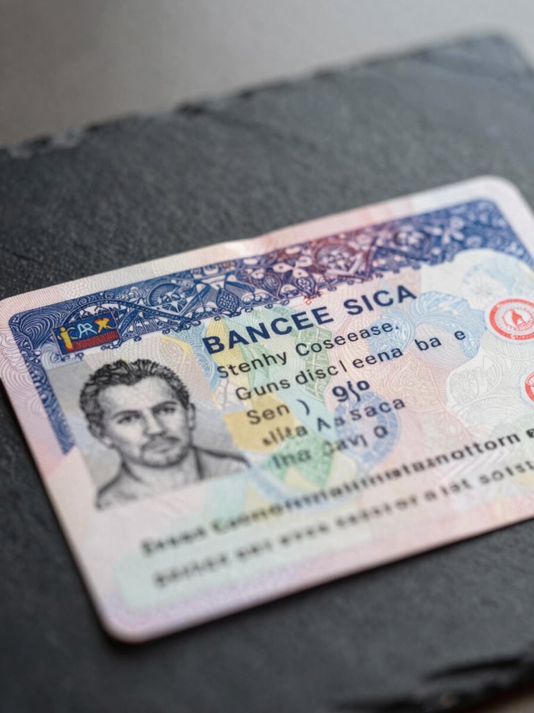A close-up macro shot of an official visa document with official stamps resting on a clean, dark slate workspace, natural overcast daylight, institutional feel.