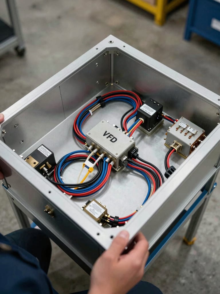 Overhead shot of a completed VFD panel enclosure on an assembly bench, wiring looms neatly dressed and labeled, technician's hand visible at the bottom of frame, shop floor concrete visible around the panel
