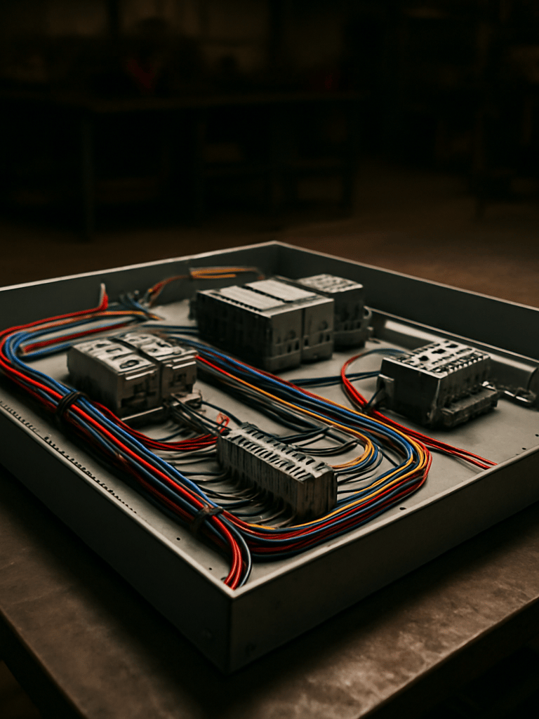 Wide shop floor shot, overhead tungsten work lights casting hard shadows on a partially assembled VFD control panel laid flat on a steel workbench, wiring looms and terminal blocks visible in close detail, no people, industrial environment