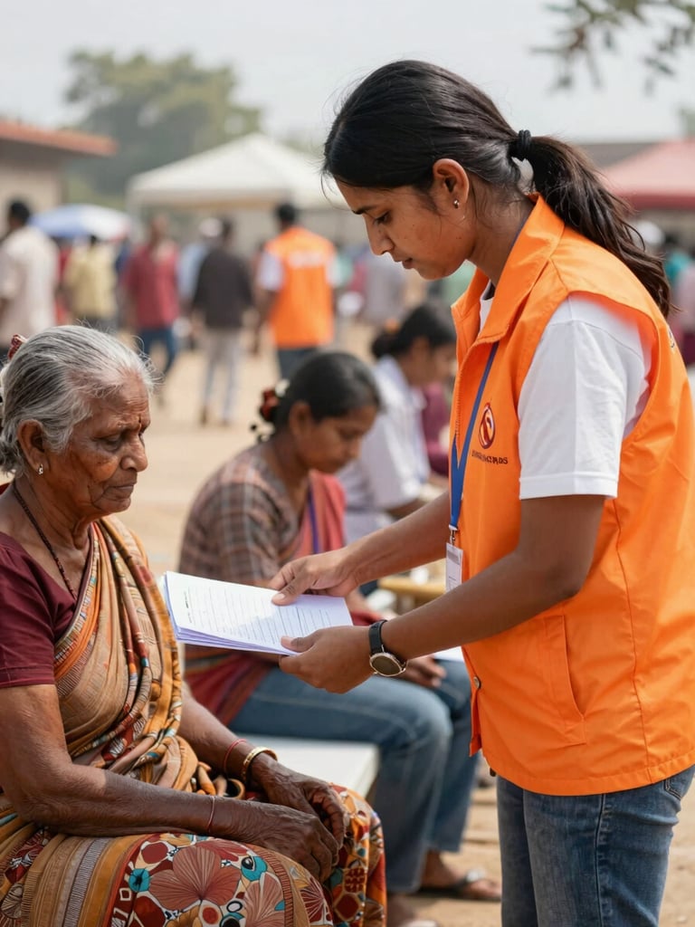 Warm documentary photography, a volunteer in a bright orange vest assisting an elderly Indian woman with registration documents at an outdoor community camp under soft natural daylight, 35mm lens.