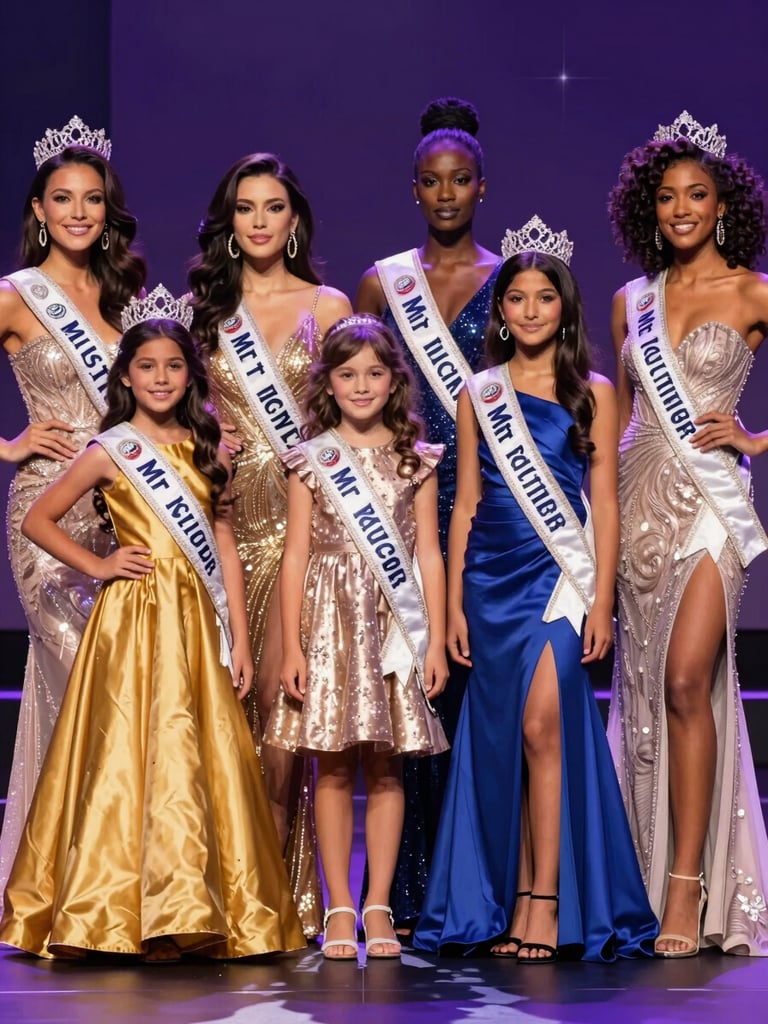 A glamorous editorial portrait of diverse contestants standing together in elegant evening wear, showcasing the inclusive divisions from Kids to Mr, dramatic lighting