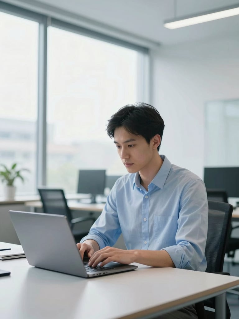 A professional working on a laptop in a bright, modern Berlin office with large windows and cool daylight, shallow depth of field, 35mm