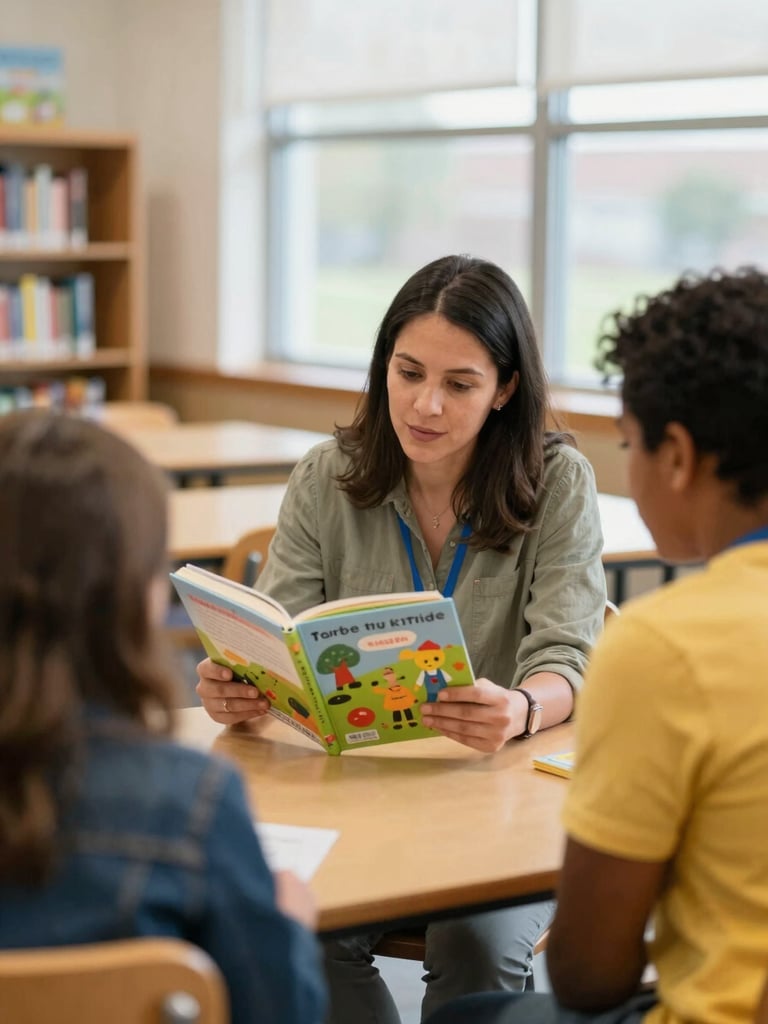 A warm, bright school library in Indiana with a teacher and a parent looking at a colorful children's book together, soft natural window light, candid medium shot, shallow depth of field.