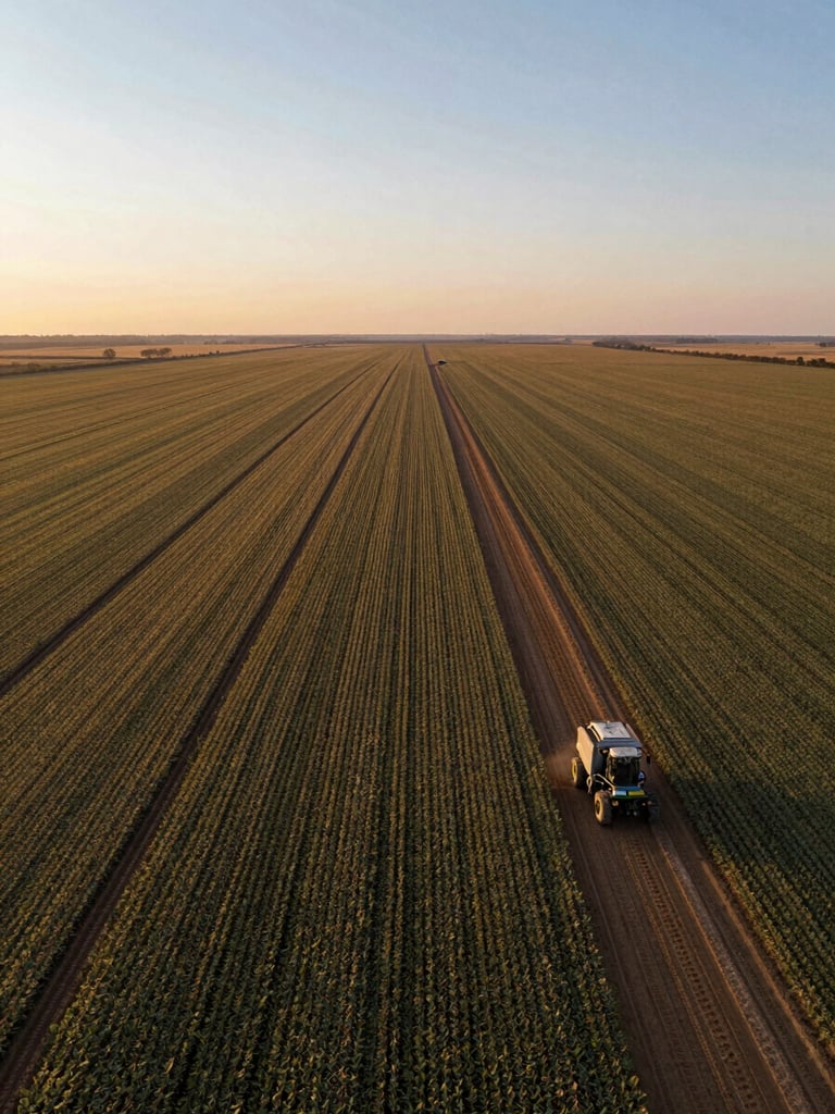 Drone aerial view of a vast, flat soybean plantation in Mato Grosso during golden hour, showing precise boundary lines and high-scale agricultural machinery tracks, low horizon, expansive sky.