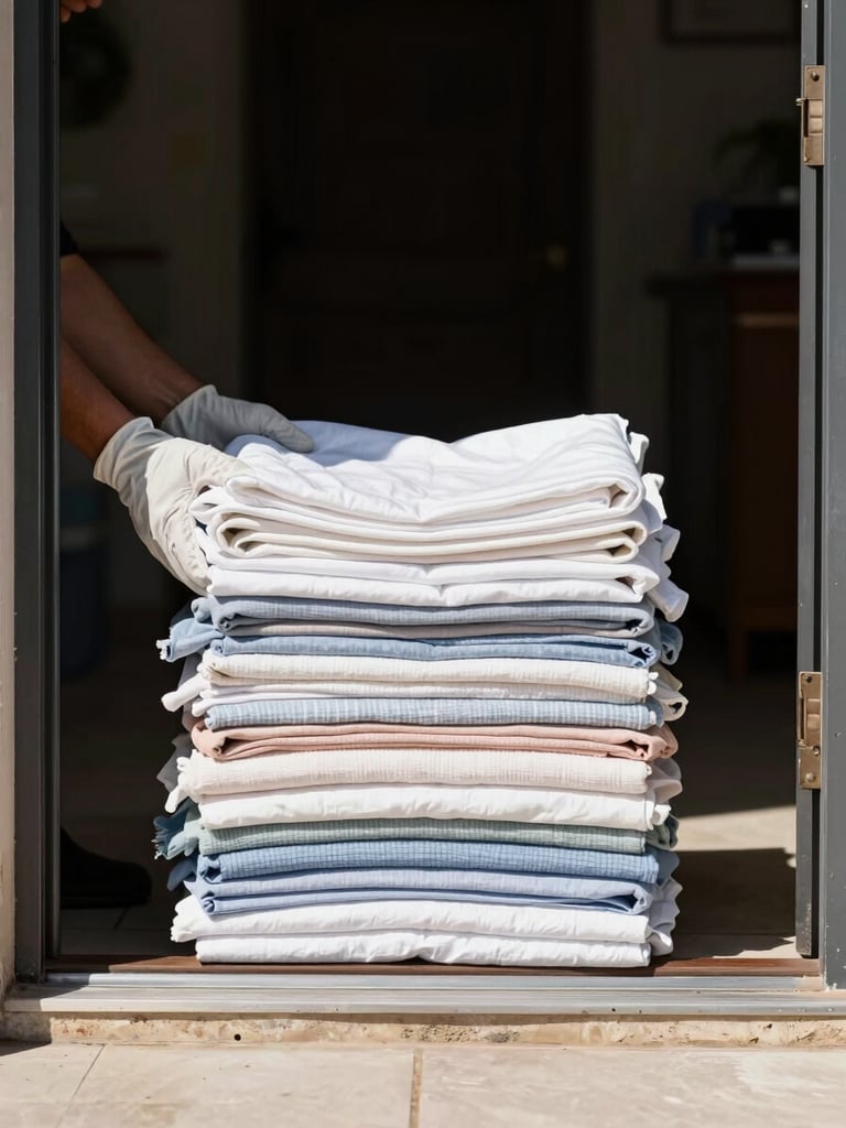 Wide portrait frame, daylight — gloved hands passing a neat stack of folded white and pastel linens across a building entrance threshold, crisp natural light from an open doorway, clean tiled floor visible at bottom edge, no background clutter