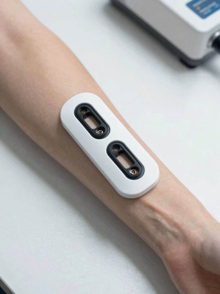Overhead clinical lab shot of a wearable optical sensor positioned on a forearm against a clean white testing surface, high-key shadowless lighting, precision electrode contacts and optical apertures visible in sharp detail, no patient face visible, no lifestyle context