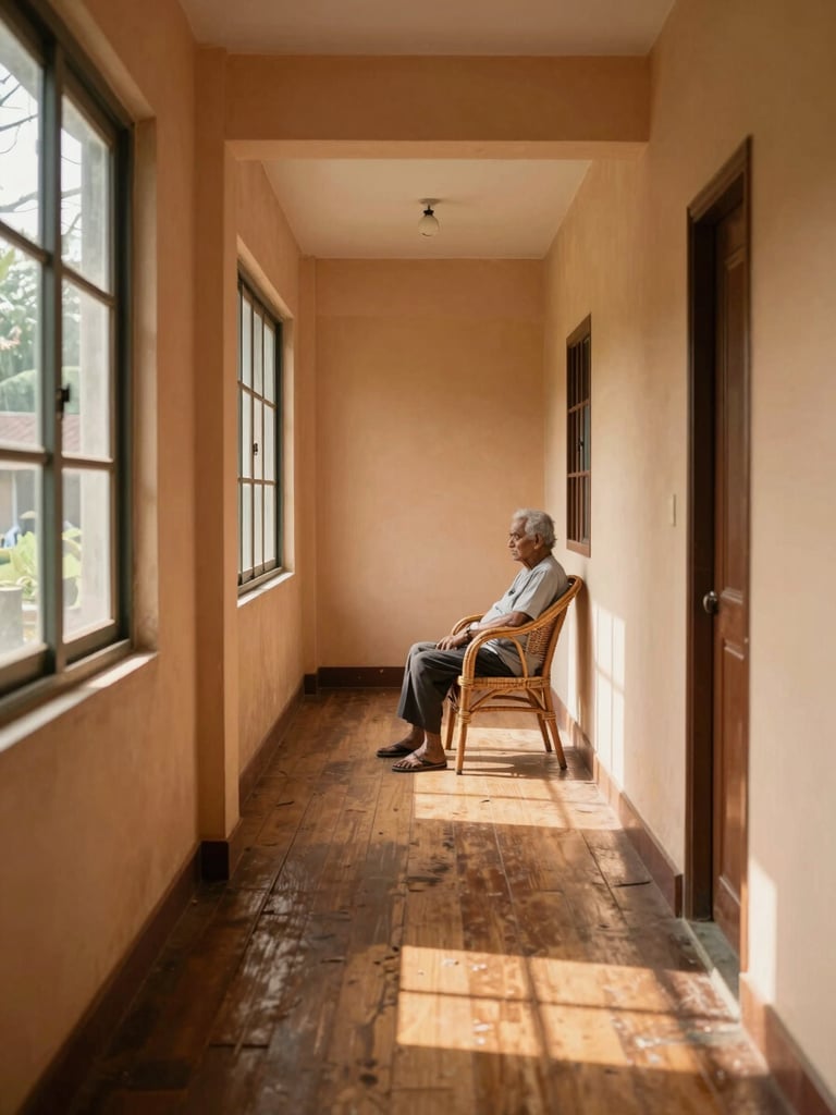 Wide environmental shot of a quiet Kerala care home corridor, warm afternoon light falling through a tall window onto worn wooden flooring, an elderly resident seated in a cane chair near the far end, soft ochre walls, unhurried stillness, eye-level framing, no clinical equipment visible