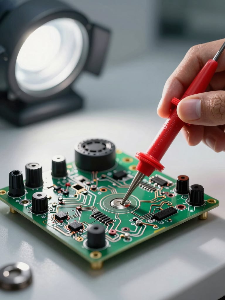 Macro shot of technical multimeter probes testing a modern washing machine circuit board under bright, focused workshop light.