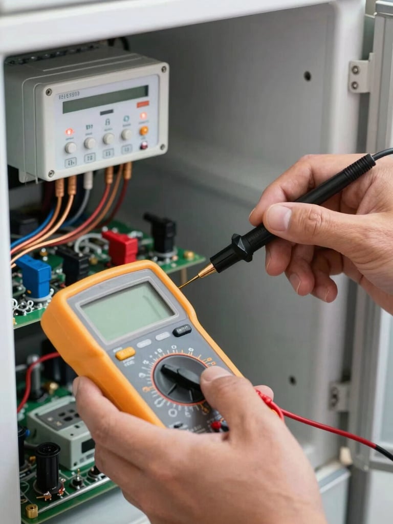 Close-up of a technician's hands using a digital multimeter to calibrate a modern refrigerator control board, bright clean lighting, sharp focus on the probe tips and copper wiring.