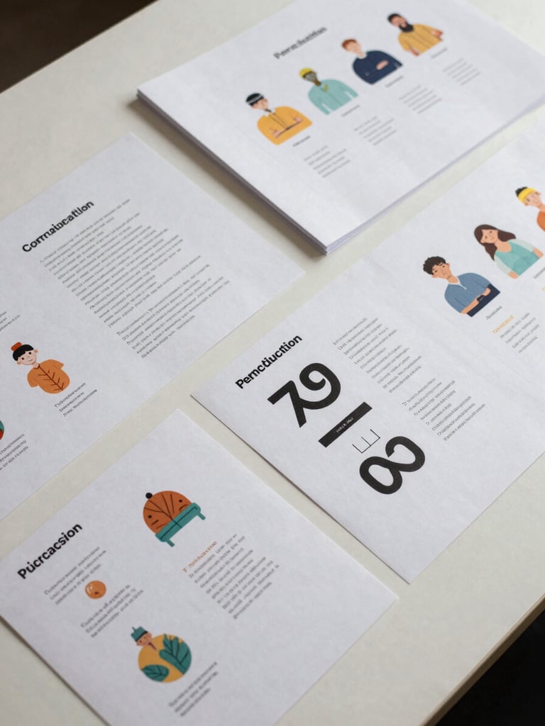 Top-down flat lay of crisp, printed curriculum design assets, custom vector illustrations, and structured typographic layouts on heavy paper under clean studio lighting.