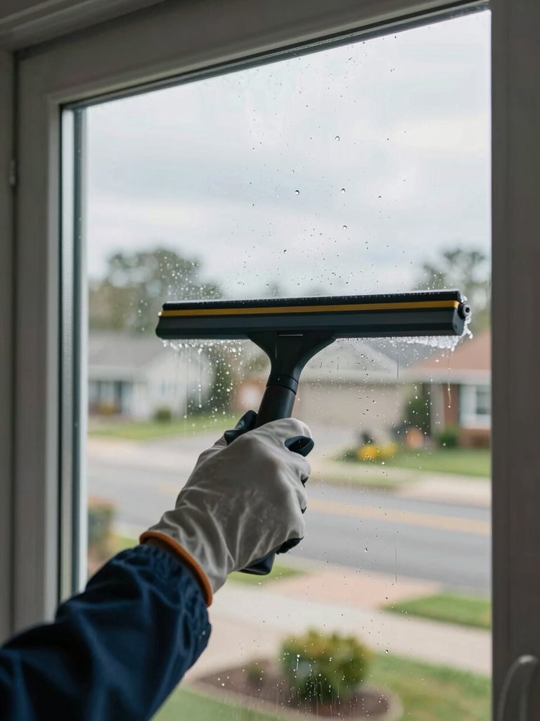 Close-up of a technician's gloved hand pulling a squeegee across a large residential window, clear glass reflecting a suburban street in daylight, water beading on the surface, natural light