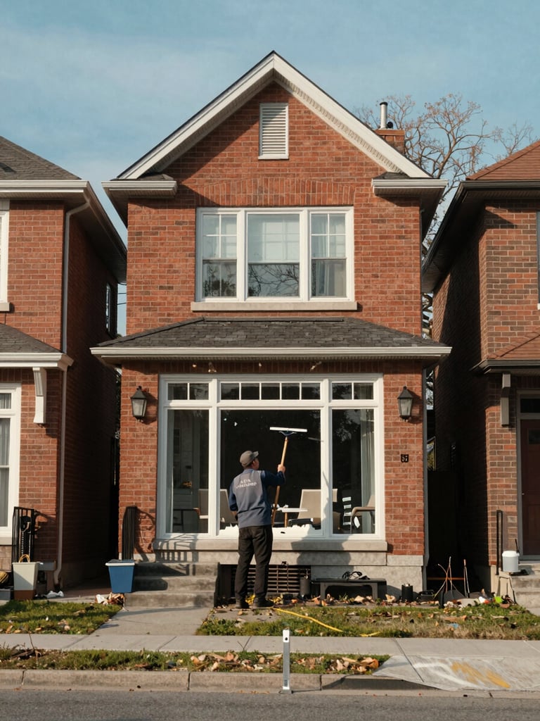 Wide environmental shot from street level, a crew member cleaning the large front window of a two-storey suburban brick house in Longueuil on a clear morning, squeegee in hand, natural daylight, no filters, the house number visible on the facade