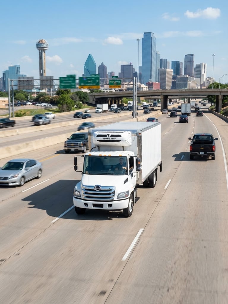 A clean white refrigerated delivery truck driving on a Dallas highway during bright Texas daylight, professional commercial logistics style