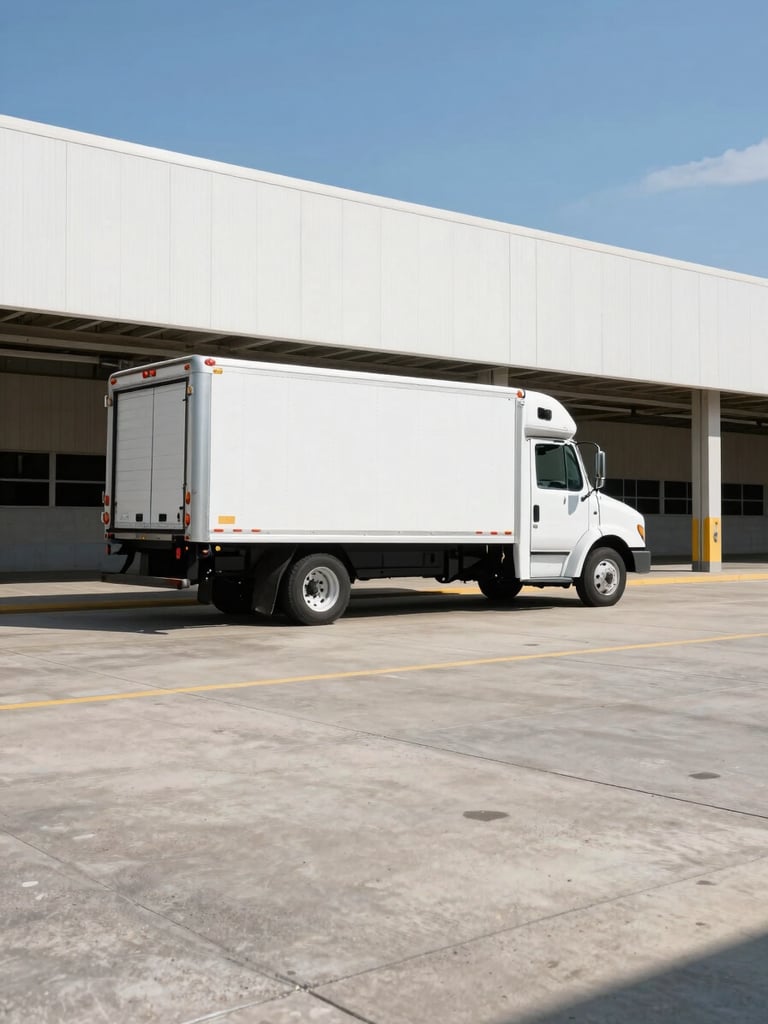Side view of a clean white refrigerated delivery truck parked at a modern concrete loading dock in Dallas, bright Texas daylight, crisp industrial commercial photography.