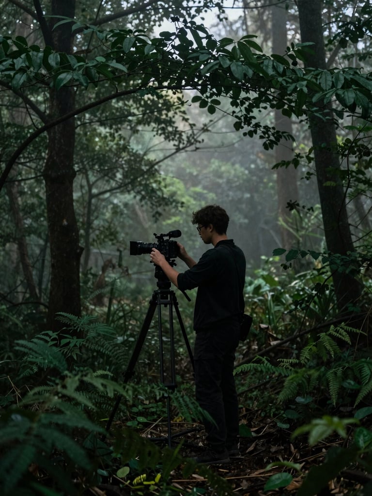 A cinematographer adjusting a camera on a tripod in a misty forest at dawn, soft moody natural lighting, deep green and charcoal tones, cinematic landscape