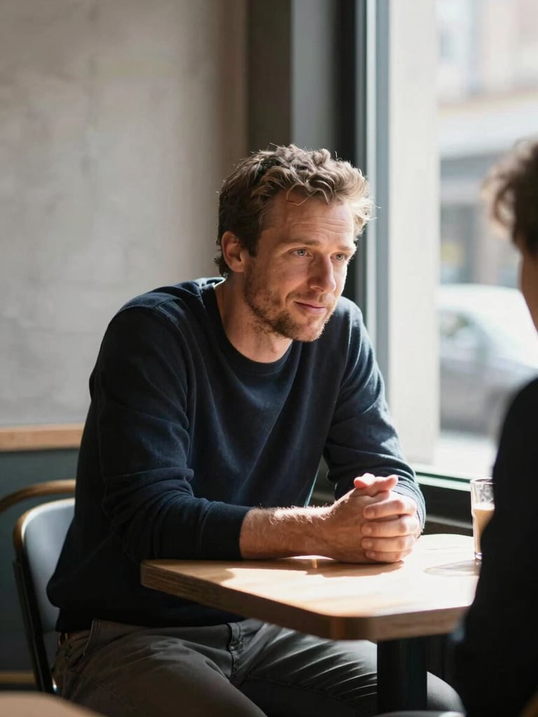 Anderson in conversation at a café corner table, leaning slightly forward, listening, daylight from a window behind him illuminating the table surface, no posed smile, genuine attention visible in the frame